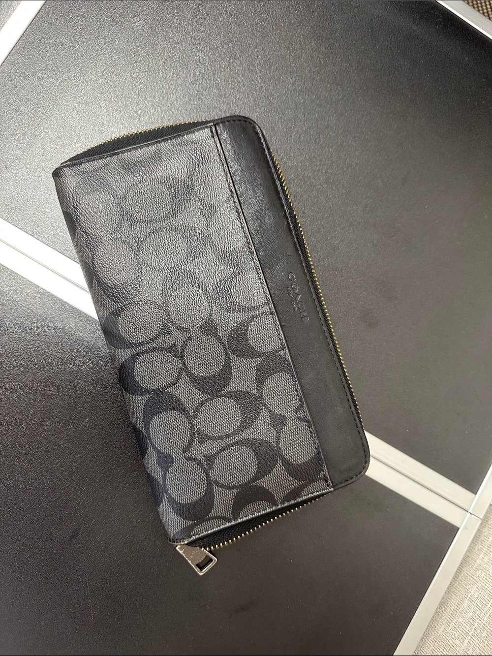 Coach Black Signature Zip Wallet with Dark Gray Accents